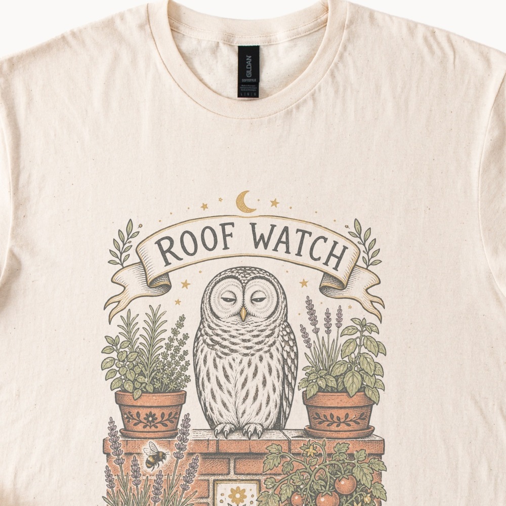 Roof Watch Owl Graphic Tee Vintage Botanical Illustration Natural